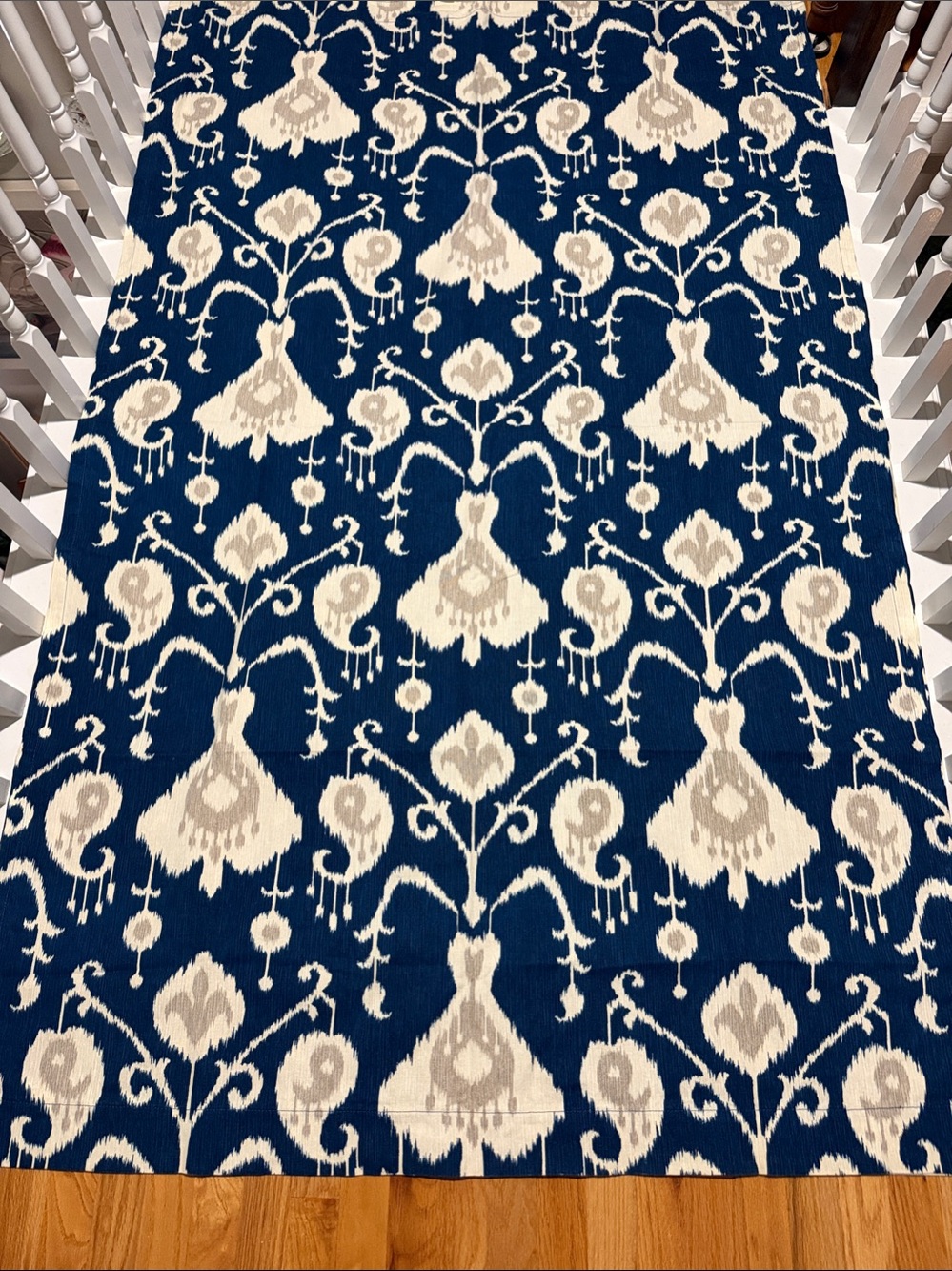 Custom Made Ikat-Style Navy and Cream Pair of Curtain Panels